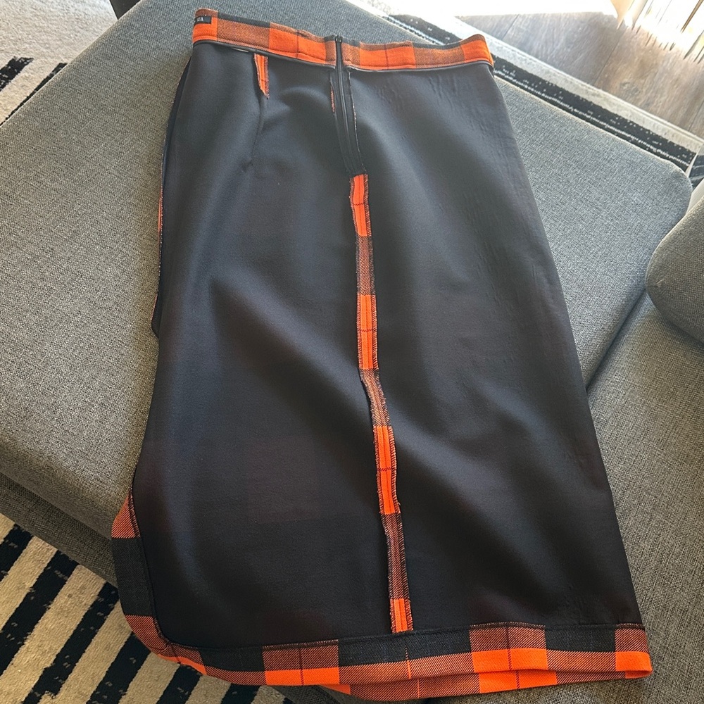 Zara Vibrant Orange and Black Plaid Pencil Skirt with Back Slit - Picture 7 of 10